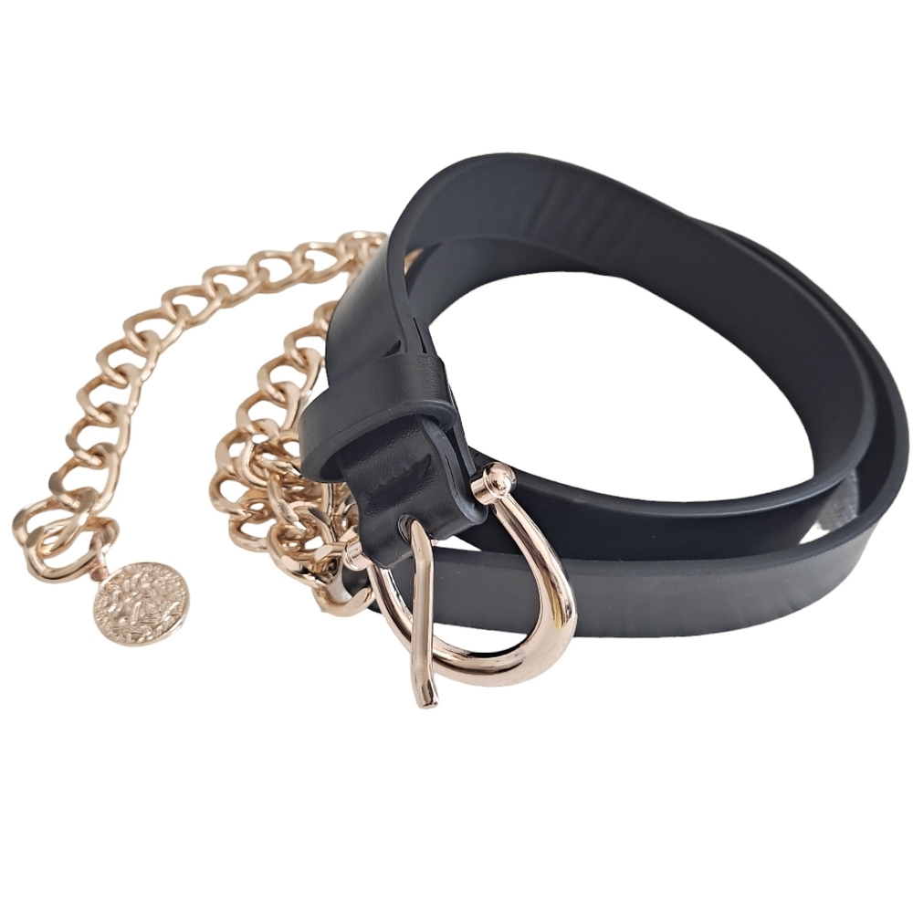 Womens edgy black Faux leather Y2K metal gold chain waist punk rock dress belt - Picture 9 of 17